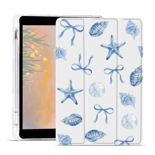 AdorableWhimsy Blue Seashell Bow Case for iPad Air 13 Inch M4 2026/M3 2025/M2 2024 Lovely Bows Trifold Tablet Protective Case White Leather Soft Back Cover with Pencil Holder