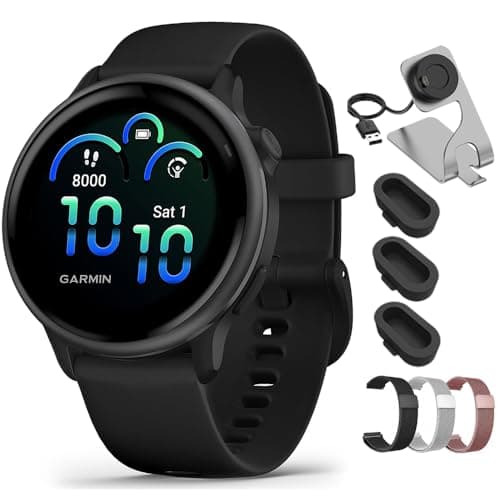 Garmin VIVOACTIVE 6 Health and Fitness GPS Smartwatch Black with Silicone Band 010-02985-00 Bundle with Deco Essentials 20mm Milanese Band 3 Pack, Charging Dock and Silicone Dust Cover 3 Pack