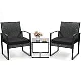 Murago Outdoor 3-Piece Wicker Bistro Set, Rattan Patio Conversation Set with Coffee Table, for Backyard Garden Poolside, Black Frame & Black Cushion