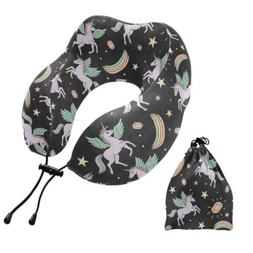 Emelivor Unicorns Rainbows Black Print Travel Pillow Memory Foam Neck Pillow with Storage Bag Comfortable Neck Support Pillows for Airplane Sleeping Car Home Plane Train Travel Essentials