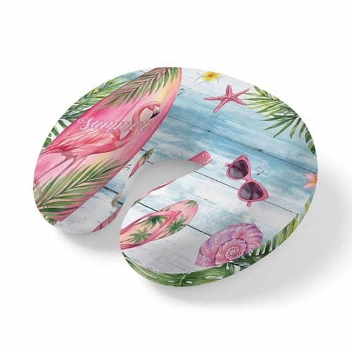 ZFUNCING Travel Pillows U-Shaped Neck Pillow Summer Flamingo Surfboard Ergonomic Memory Foam Pillow Head Cushion,Beach Leaf Flower Blue Wood Soft Portable Neck Pillows for Office Airplane Car Train