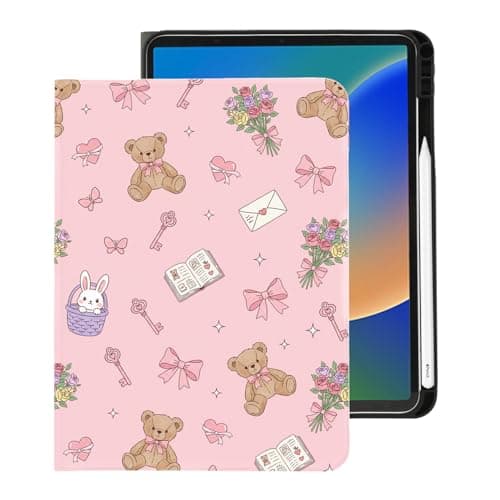 BlHMCASE Cute Kawaii Bear Bow for iPad Air 11 Inch Case 7th/6th Generation (M3/M2) 2025/2024 with Pencil Holder, Auto Sleep/Wake and Multiple Viewing Angles, Pink Leather Soft TPU Back Cover