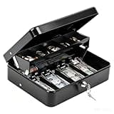 KYODOLED Cash Box with Key Lock–0.7mm Thick Metal Money Box for Flea Market Vendors, Craft Fairs & Small Business–Portable Cash Drawer with Auto-Pop Coin Tray & Windproof Bill Clips (11.8", Black)