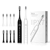 SUNPRO 2 Pack Sonic Electric Toothbrush, 6 Modes Deep Clean, Rechargeable Brush for Adults, Come with 8 Heads (Black+White)