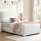 Cloud Twin Bed Frame with Adjustable Headboard, Modern Boucle Fabric Upholstered Platform Bed, Low to Floor, Anti-Collision Soft Rounded Corners, No Box Spring Needed, Easy Assembly for Bedroom, White