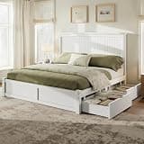 AMERLIFE Solid Wood Queen Size Storage Bed Frame with Headboard, Platform Bedframe with 2 Storage Drawers, Beadboard Design & Wooden Slats/No Box Spring Needed/No Noise, Coastal White Finish