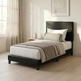 Mikkagu Twin Size Bedframe with Upholstered Headboard, Wooden Slat Support, PU Leather Upholstery Bed with Legs, Easy Assembly Bed Frame, for Dorm, Bedroom, Black