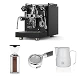Diletta Bello+ Espresso Machine (Black) Bundle with Giannino Grinder (Chrome/Wood), 58mm Bottomless Portafilter & 12oz Frothing Pitcher (Matte White)