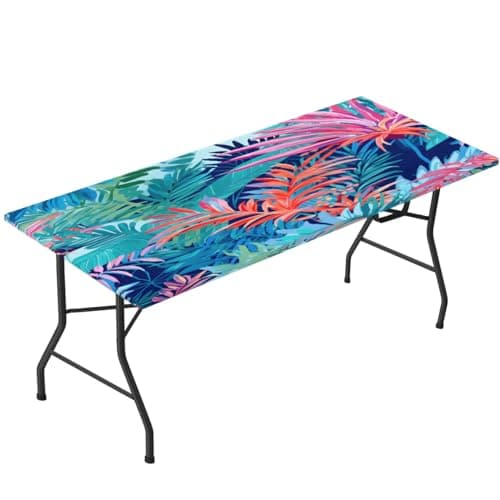 Obtravar Tropical Summer Palm Tree Elastic Tablecloths for Rectangle Tables Waterproof Table Cover for 9Ft Table Fitted Table Cloths for Indoor, Outdoor,36 x 107 Inch