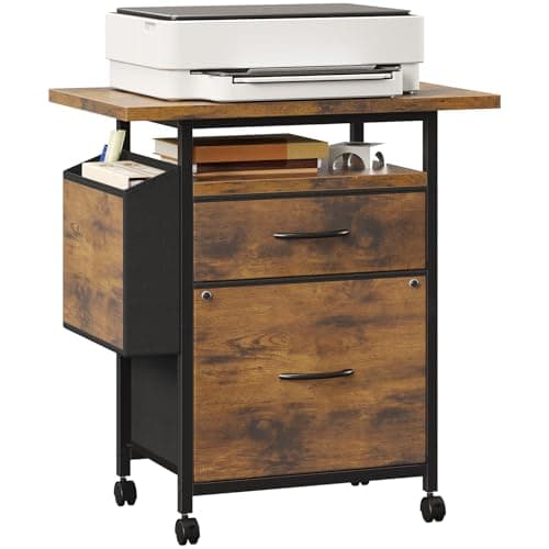 DUMOS Mobile File Cabinet with 2 Fabric Drawers, Rolling Filing Cabinet for A4/Letter Size Files, Printer Stand with Open Shelf & Side Storage Bag, Under Desk Office Storage Cabinet with Wheels, Brown