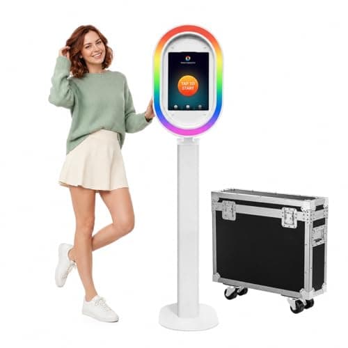 NTECHFELIX iPad Photo Booth Machine with RGB Ring Light, Portable Metal Selfie Stand and Flight Case, Compatible with 10.2-13 Inch iPads for Weddings, Parties and Events (White, for 10.2)