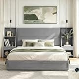 KEIKI Queen Size Velvet Platform Bed Frame with 2 Built-in Storage Nightstands & Shelves, Oversized Headboard Upholstered Bedroom Bed Set, Wood Floor Grounded Bed, Modern, No Box Spring Needed, Grey