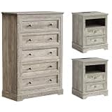 LOUVIXA Farmhouse Bedroom Sets of 3, 3Pcs Farmhouse Dresser Set, Including 5 Drawer Dressers and Nightstand Set of 2 with Charging Station (Grey Sets