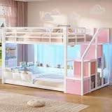 MSmask Low Bunk Bed Twin Over Twin with Storage Stairs & Dual Level Guardrails, LED Floor Bunk Bed with Drawers, Charging Station, Metal Bunk Bed Frame, Space Saving, for Kids, White & Pink
