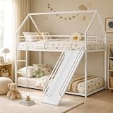Safeplus Twin Over Twin Bunk Bed with Slide, House Bunk Bed for Kid, Heavy Duty Metal Frame, No Box Spring Needed, Straight Guardrail, White