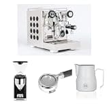 Rocket Espresso Appartamento 2.0 Espresso Machine (Black) Bundle with Giannino Grinder (Black), 58mm Bottomless Portafilter & 12oz Frothing Pitcher (Matte White)