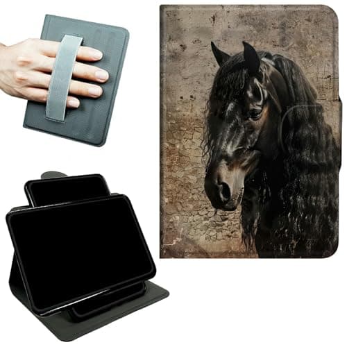RWUTYTIUL Rotating Handle Case for Samsung Galaxy Tab A7 Lite 2021 8.7", 360 Degree Swivel Kickstand with Magnetic Closure Shockproof Leather Protective Cover for Women Men, Black Horse