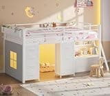 ADORNEVE Low Loft Bed Twin Size with 7 Storage Drawers, Desk and LED Lights, Kids Loft Bed with 13.7" H Safety Guardrail, Under-Bed Play Space, Private Play Curtain, for Kids Room & Small Room, White