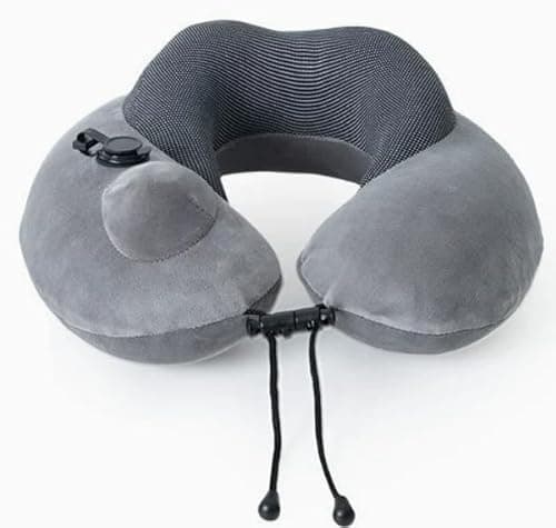 Inflatable Travel Neck Pillow for Sleeping on Airplan | Train | Car, Adjustable Inflation Travel Pillow with Soft PP Cotton Nape Support, Detachable Velvet Pillowcase, Compact Bag (Darkgray)
