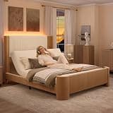 SIBEDS 18" H Queen Adjustable Bed Frame with LED Light, Corduroy Headboard, Faux Leather Upholstered Platform Bed Frame, Dark Brown Oak Wood Grain Printed Finish, Zero Noise Quiet Motor, Head Incline