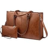 LOVEVOOK Laptop Tote Bag for Women, 15.6 Inch Large Capacity Vintage Leather Waterproof Work Computer Handbag with Clutch Purse, Ideal Gift for Women, Office & Daily Use, Dark Brown
