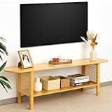 Mordchil HF Bamboo TV Stand for TVs up to 65", Accent Entertainment Center with Storage, Media Console Table with Rattan, Modern TV Stand for Living Room, Bedroom, 55"(L), Burlywood