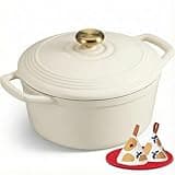 Overmont Enameled Cast Iron Dutch Oven - 5.5QT Pot with Lid Cookbook & Cotton Potholders - Heavy-Duty Cookware for Braising, Stews, Roasting, Sourdough Baking White