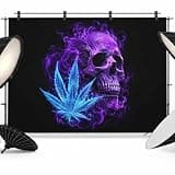 Purple Skull Halloween Backdrop 10x8ft Blue Botanical Leaves Photography Backdrop Fabric Photoshoot Background Tapestry Banner for Birthday Baby Shower Decoration Party Video Photo Studio Props