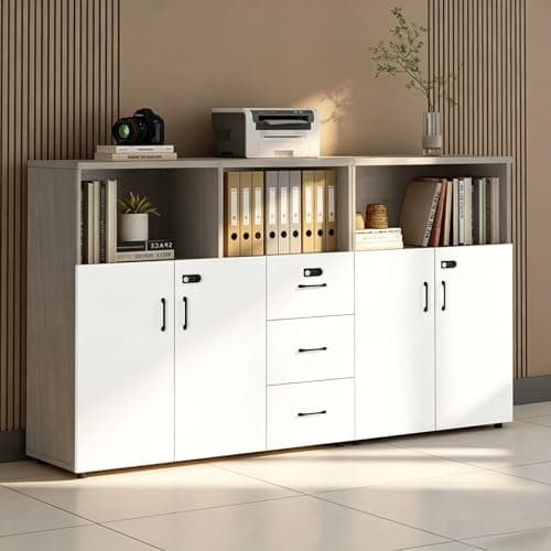 HSHBDDM File Cabinet with Password Lock, Wood Lateral Filing Cabinet for Letter/A4 Files, 3 Drawer with Door, Printer Stand with Open Shelves for Home Office