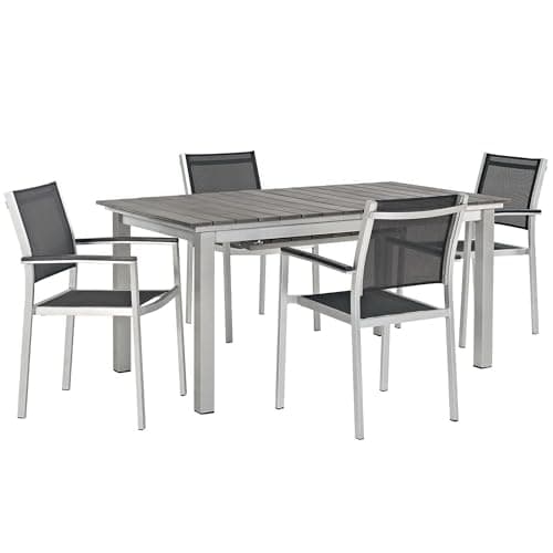 Oakestry Shore 5 Piece Outdoor Patio Aluminum Dining Set with Extension Table and Black Mesh Armchairs