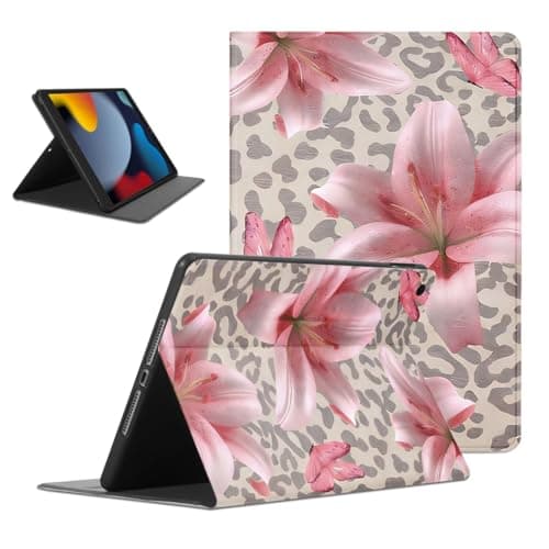 Mrtponk Pink Lily Grey Cheetah Leopard Print Flower Tablet Case for iPad Air 2019 10.5 Inch,Floral Pattern for Women Men Teens Protective Cover Flip PU Leather Stand Funda