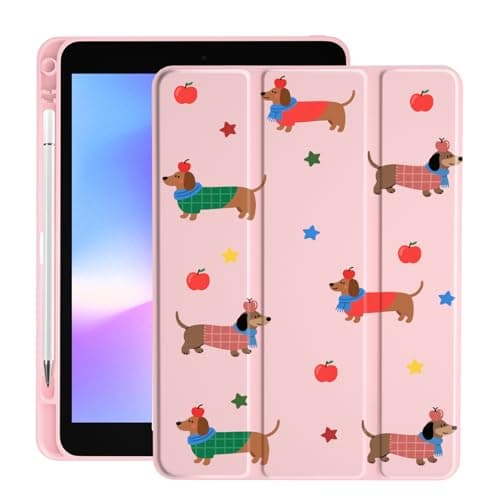 LuGeKe Small Apple Dachshund Case for 11 Inch iPad Air 6 Unique Pink Case,Pencil Holder & Clear Acrylic Back & Trifold Stand Cover for Women