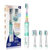 SEAGO Kids Electric Toothbrush with 2 Mins Brushing Timer and 4 Replacement Brush Heads, Rainbow LED Light Makes Brushing Fun, Boys Battery Powered Toothbrush for 4-12 Years Old，SG-977(Green)