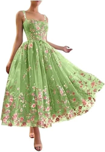 Ftupza Mint Tulle Prom Dresses with Pockets Tea Length A-line Lace Formal Dresses Spaghetti Strap Embroidery Evening Gowns Size 6