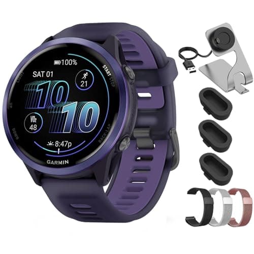 Garmin Forerunner 570 47mm GPS Smartwatch Aluminum and Purple/Indigo Band 010-02971-02 Bundle with Deco Essentials 22mm Milanese Band 3 Pack, Charging Dock and Silicone Dust Cover 3 Pack