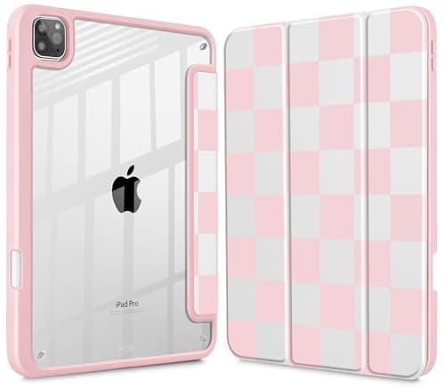Tuiklol Case for iPad Pro 12.9 Inch M2 Case 2022 2021 2020 2018 Generation 6th/5th/4th/3rd,Built-in Pencil Holder Clear Transparent Protective Back Shell Cover, Lattice Pink