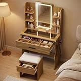 Ball & Cast Vanity Desk with Mirror and Lights,Small Vanity Desk W/Storage Drawer & Storage Chair,Makeup Table W/Power Outlet,4 Shelves,Hair Dry Rack & Transparent Top,3 Lighting Modes,Natural Oak