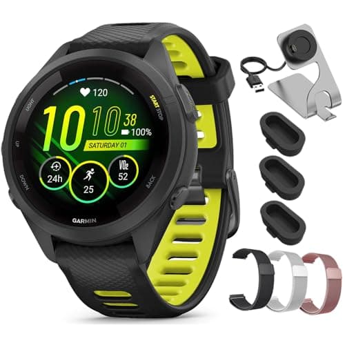 Garmin Forerunner 265S GPS Smartwatch Black/Amp Yellow 010-02810-03 Bundle with Deco Essentials 18mm Metal Bands 3 Pack, Charging Dock and Silicone Dust Cover 3 Pack