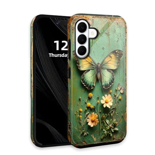 DISUOFEART for Samsung Galaxy S26 Case with Double Layer Protection - Film Design 2 in 1 Phone Cover, Butterfly & Flowers on Weathered Green Wood Hard Back Panel + Soft TPU Inner