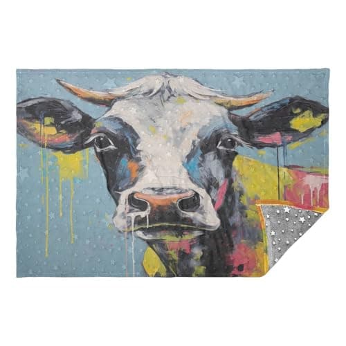 Jihqo Cow Portraits Travel Blanket Glowing in The Dark, Soft 2 in 1 Airplane Blanket 65" x 55", Foldable as Pillow, Luggage Sleeve & Backpack Clip