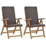 Makastle Reclining Patio Chair Set with Gray Cushions, Solid Teak Wood, 5-Position Adjustable Backrest, Foldable, 22.4" x 28.1" x 40.9", 2 Pack