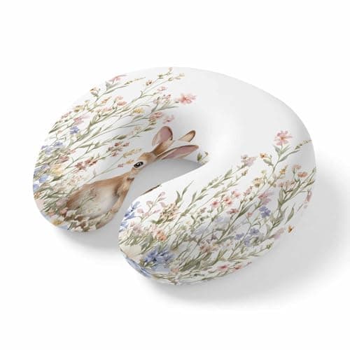 ZFUNCING Travel Pillows U-Shaped Neck Pillow Garden Floral Easter Bunny Ergonomic Memory Foam Pillow Head Cushion,Colorful Flower Spring Plant Soft Portable Neck Pillows for Office Airplane Car Train