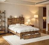 Abosbeet Full Size Farmhouse Bed Frame with Charging Station and Storage Drawers, Rustic Wood Platform with LED Light for College Dorm, Noiseless and No Box Spring Needed, Brown