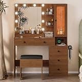 Vanity Desk with Mirror and Lights, Walnut Makeup Vanity with 5 Drawers Hidden Jewelry Organizer& LED Glass Cabinet,3 Light Mode and Brightness Adjusted,Vanities Mirror with Lights Desk and Chair
