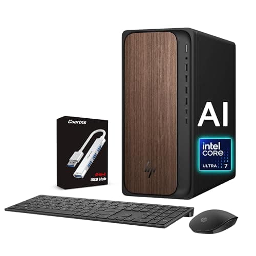 HP OmniDesk Desktop AI Ready PC, Intel Ultra 7 265(>i9-12900K, 5.3 GHz), Prebuilt Business Tower, Copilot, WiFi 6, Wireless Keyboard & Mouse, Windows 11 Home, Dark Wood, Black(16GB DDR5 RAM | 1TB SSD)