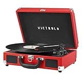 Victrola Journey Bluetooth Portable Suitcase Record Player – with Built-in Speakers, 3 Speed Vinyl Record Player, RCA Out, Headphone Jack (Red)