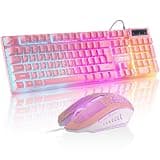 CHONCHOW Pink Gaming Keyboard and Mouse Combo with LED, 104 Keys Wired Light Up Pink Keyboard and Cute Mouse Set for PC Laptop Computer PS4 PS5 Xbox, 19 Keys Anti-ghosting, Multimedia Keys, Number Pad