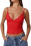 Vibrant Red Lace-Trimmed Double Layer Tank Top – Soft Stretch Base + Tone-on-Tone Lace Outer, Thin Adjustable Straps, Reinforced Waistband, Summer Statement Piece for Jeans or Blazers M