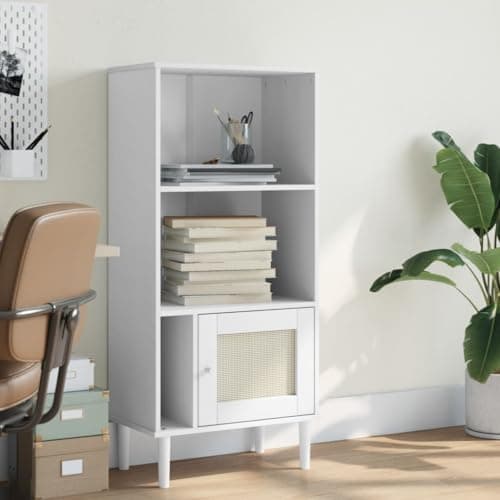 aphrophina Bookcase with Rattan Look, Solid Pinewood and Engineered Wood, Decorative Storage Solution, White, 23.6" x 13.8" x 51.2"
