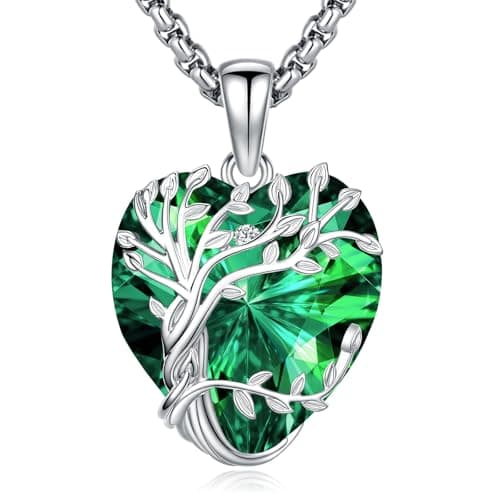 Eusense Tree of Life Necklace for Women White Gold Plated Copper Moonstone/Turquoise/Black Onyx/Crystal Birthstone Pendant Jewelry Gifts for Women Men (B-Emerald Green 05, Tree)